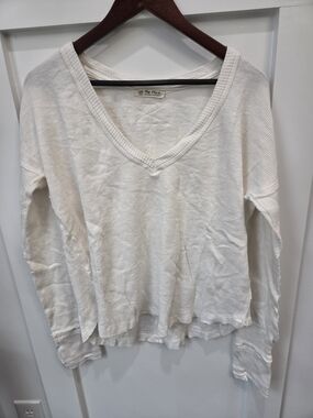 Free People Ivory V-Neck Waffle Knit Pullover